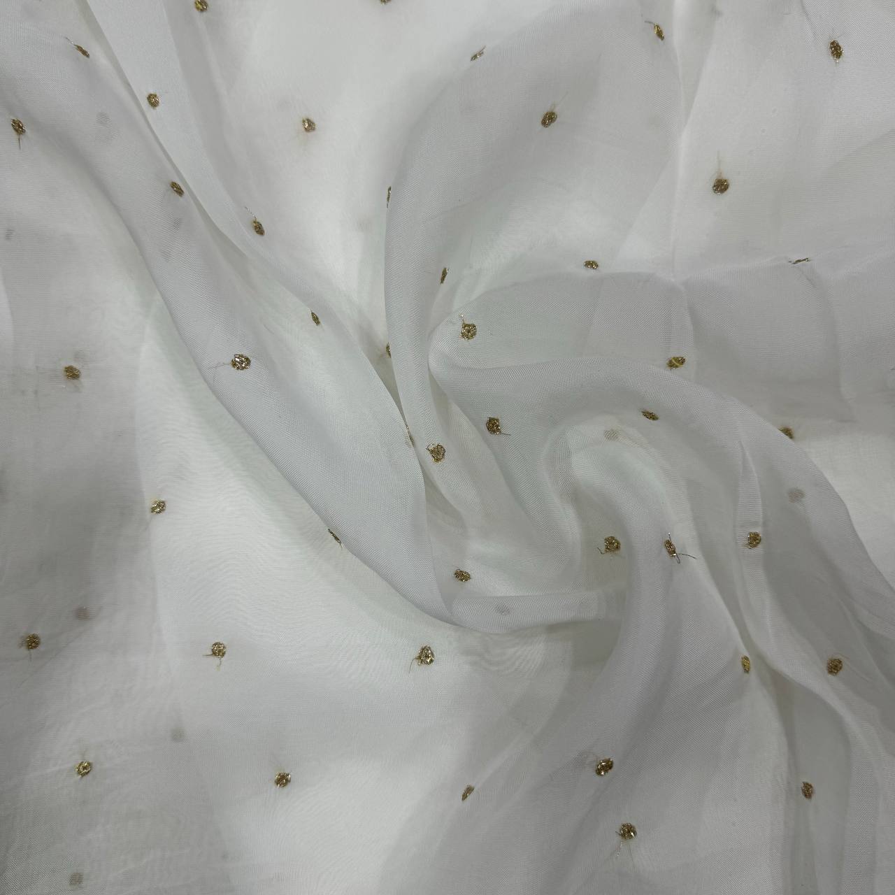 White Polka Butti Dyeable Embroidered Viscose Organza Fabric