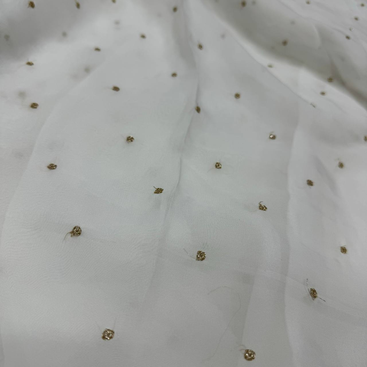 White Polka Butti Dyeable Embroidered Viscose Organza Fabric