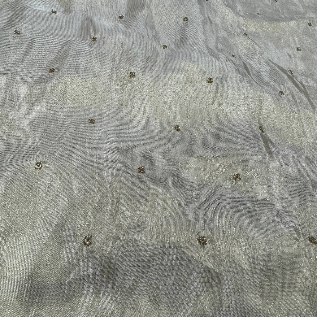 White Polka Butti Dyeable Embroidered Viscose Gold Tissue Silk Fabric