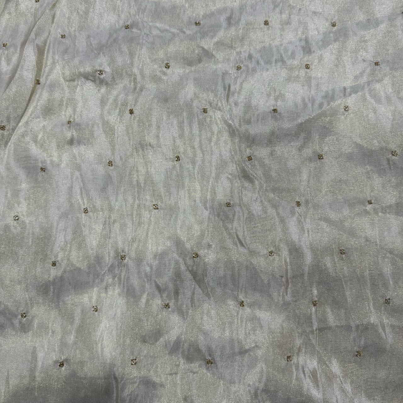 White Polka Butti Dyeable Embroidered Viscose Gold Tissue Silk Fabric