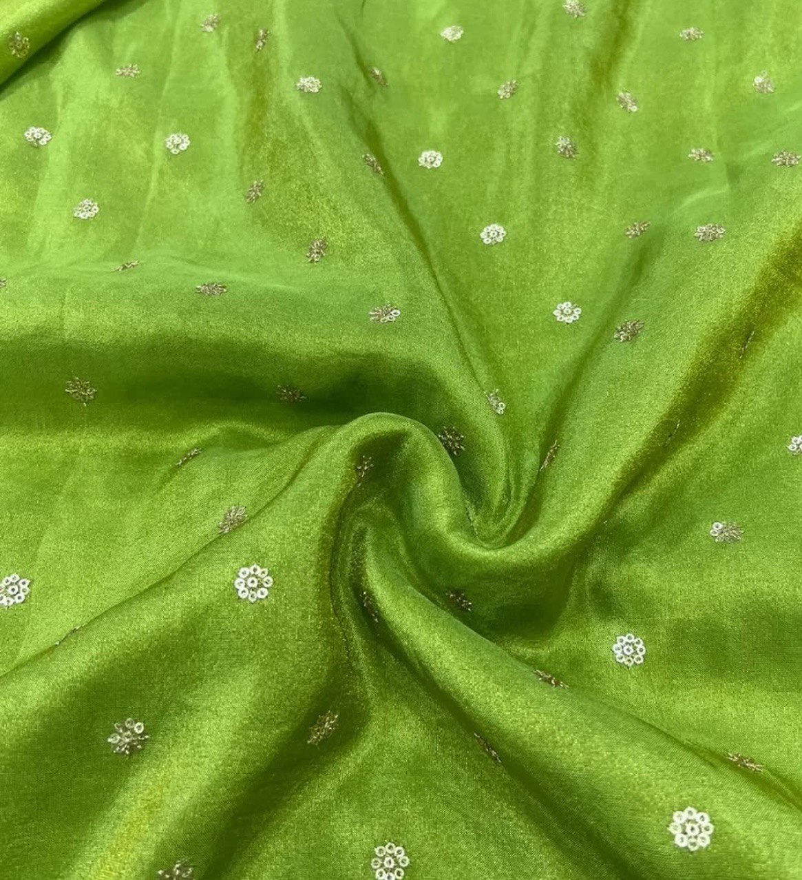 Leaf Green Flower Butti Dyeable Embroidered Viscose Gold Tissue Silk Fabric