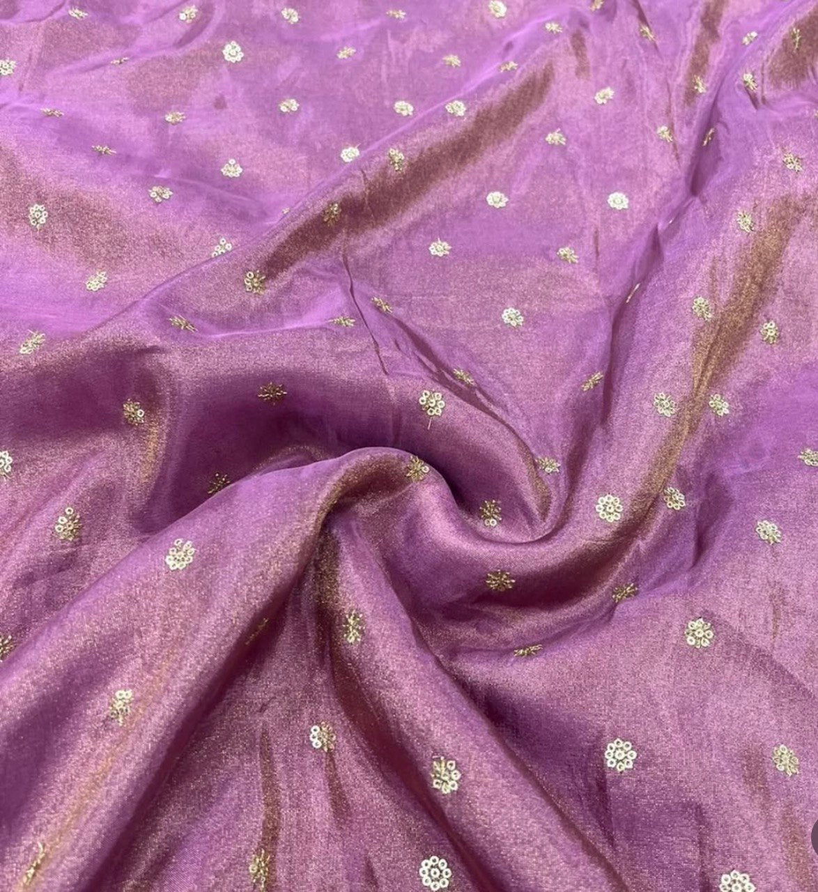 Lavender Flower Butti Dyeable Embroidered Viscose Gold Tissue Silk Fabric