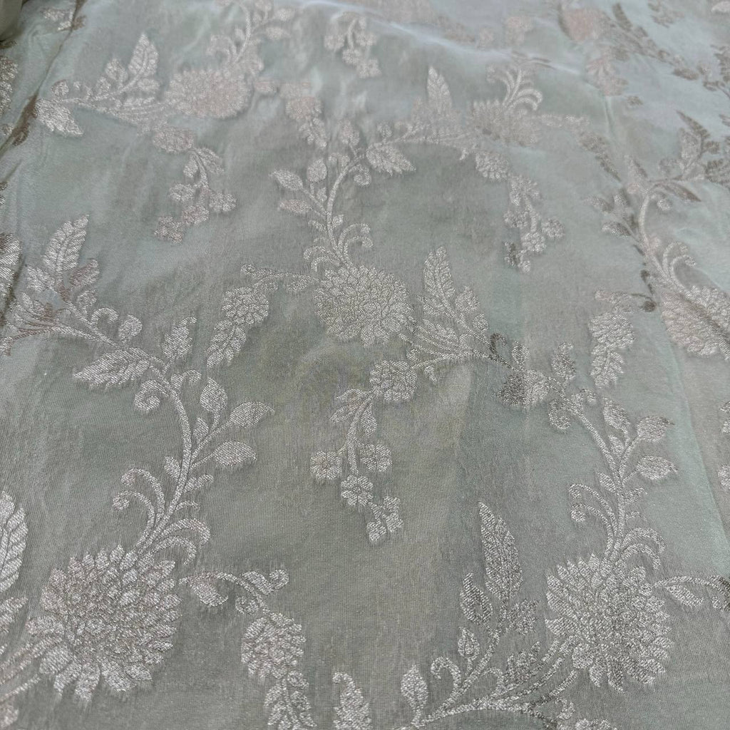 White & Rose Gold Geometric Dyeable Zari Banarasi Viscose Tissue Silk Fabric