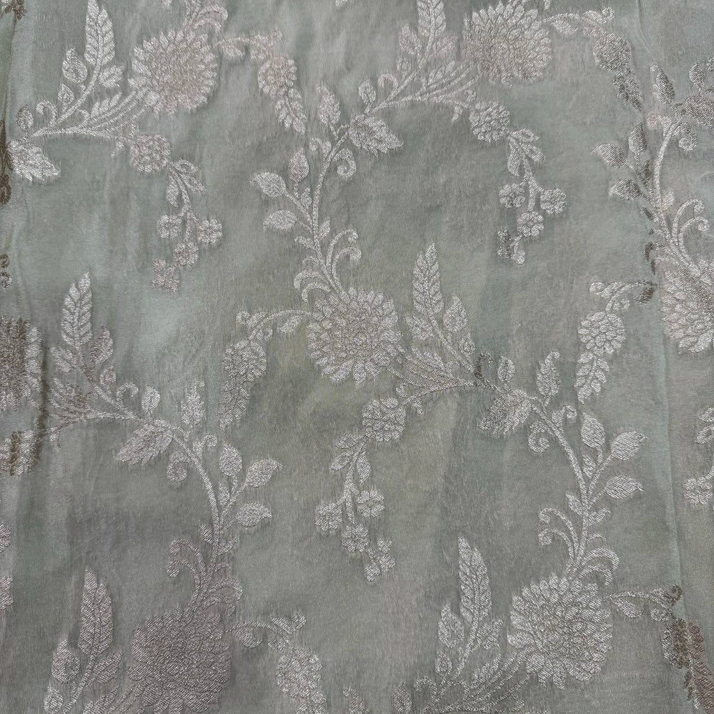 White & Rose Gold Geometric Dyeable Zari Banarasi Viscose Tissue Silk Fabric