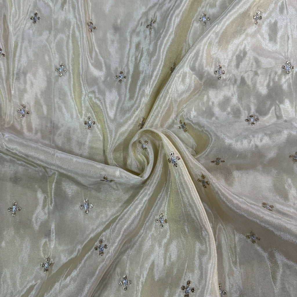 White & Golden Flower Butti Cutwork Dyeable Embroidered Viscose Tissue Silk Fabric