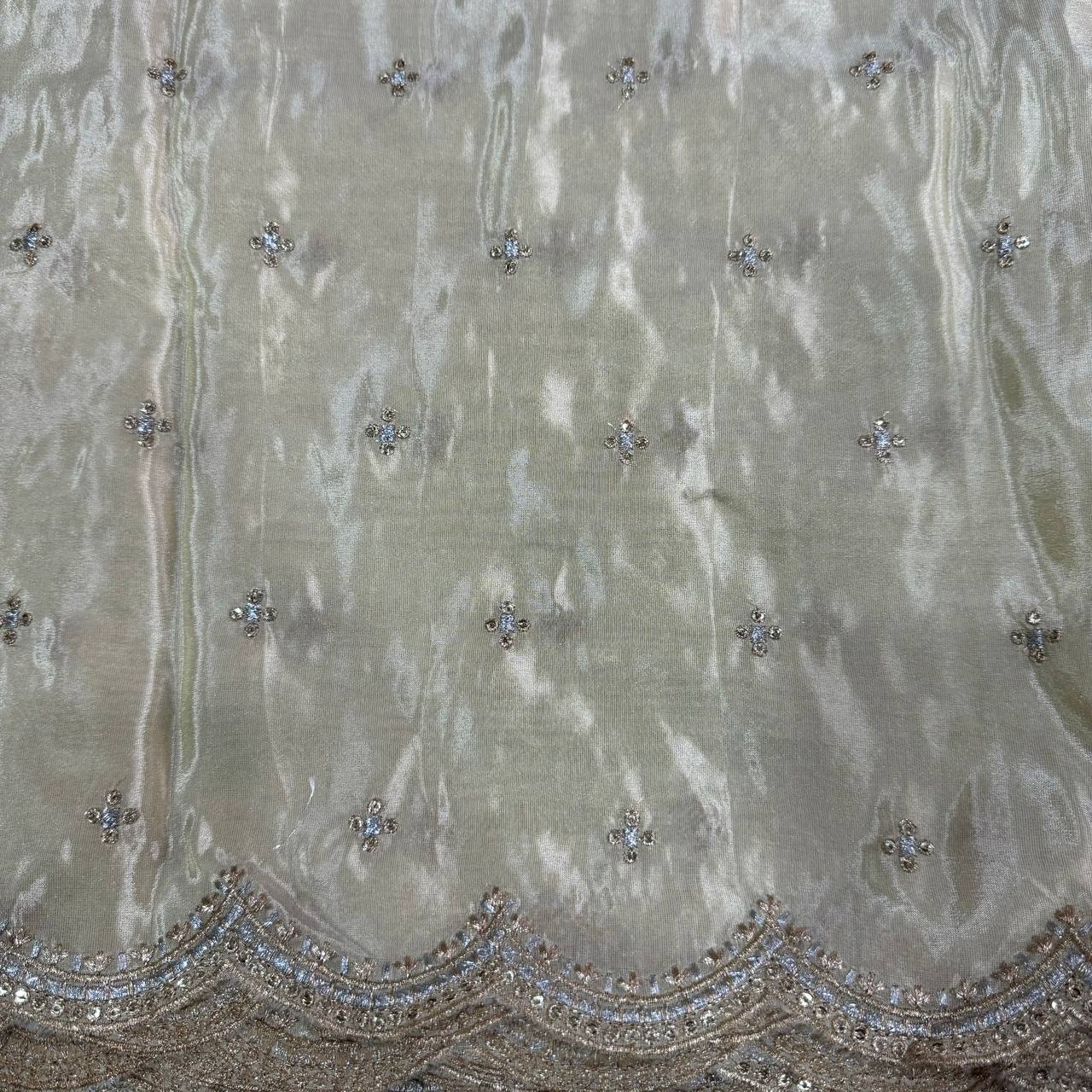 White & Golden Flower Butti Cutwork Dyeable Embroidered Viscose Tissue Silk Fabric