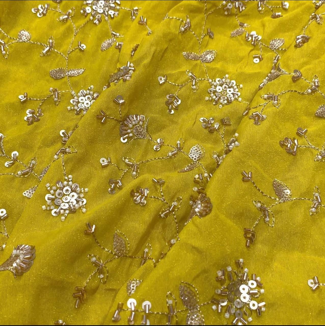 Olive Yellow Floral Beads & Sequins Handwork Dyeable Embroidered Viscose Tissue Silk Fabric