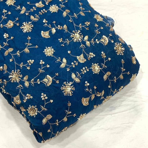 Astronaut Blue Floral Beads & Sequins Handwork Dyeable Embroidered Viscose Tissue Silk Fabric
