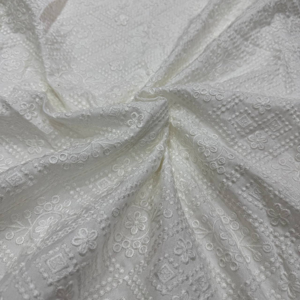 White Geometric Dyeable Lakhnavi Embroidered Viscose Dola Silk Fabric