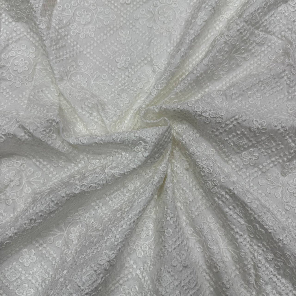White Geometric Dyeable Lakhnavi Embroidered Viscose Dola Silk Fabric