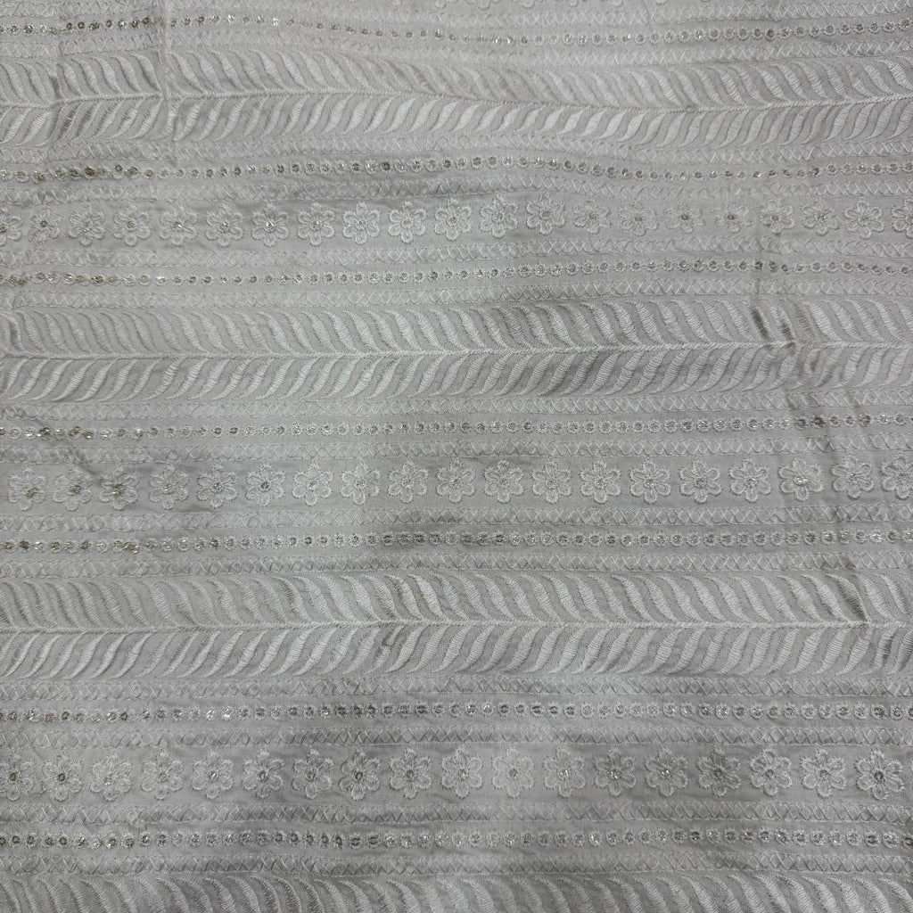 White Dyeable Lakhnavi Embroidered Viscose Dola Silk Fabric