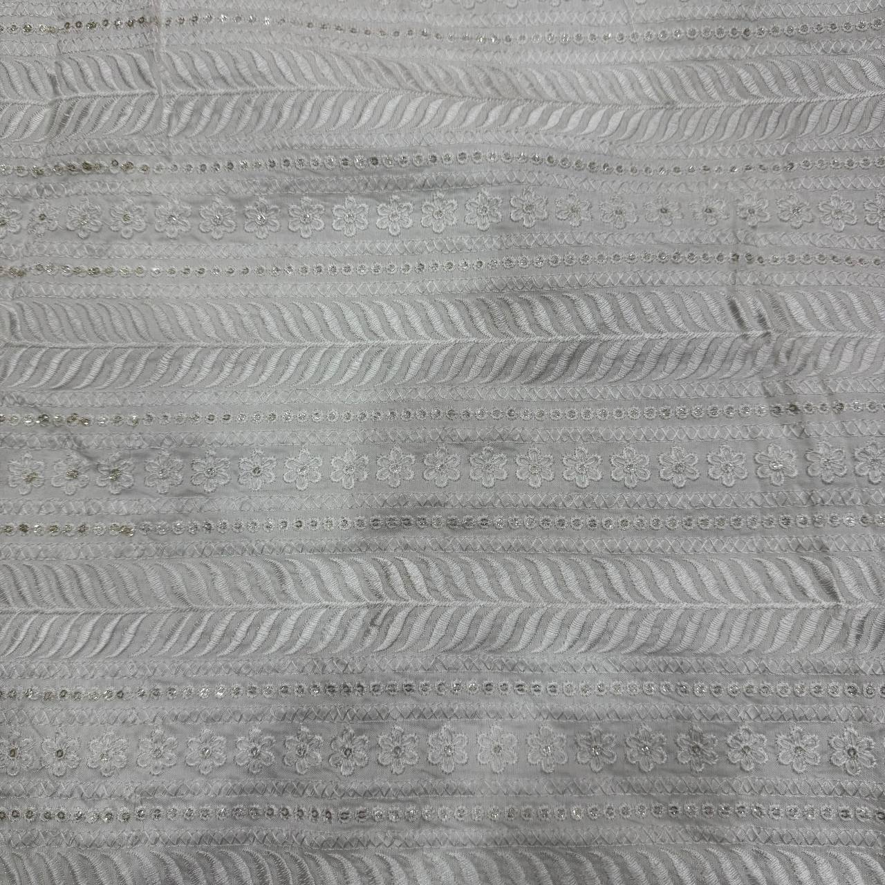 White Dyeable Lakhnavi Embroidered Viscose Dola Silk Fabric