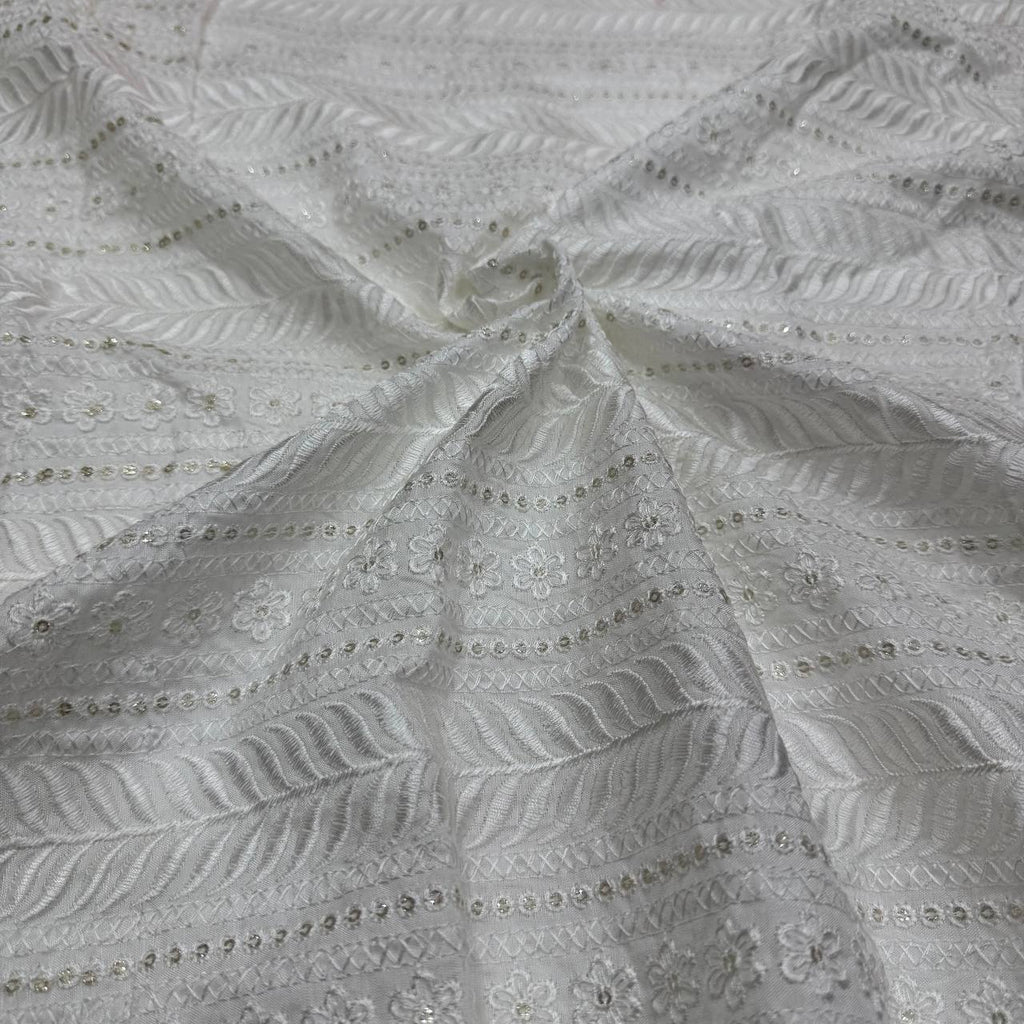 White Dyeable Lakhnavi Embroidered Viscose Dola Silk Fabric