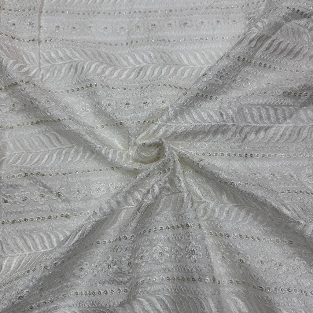 White Dyeable Lakhnavi Embroidered Viscose Dola Silk Fabric