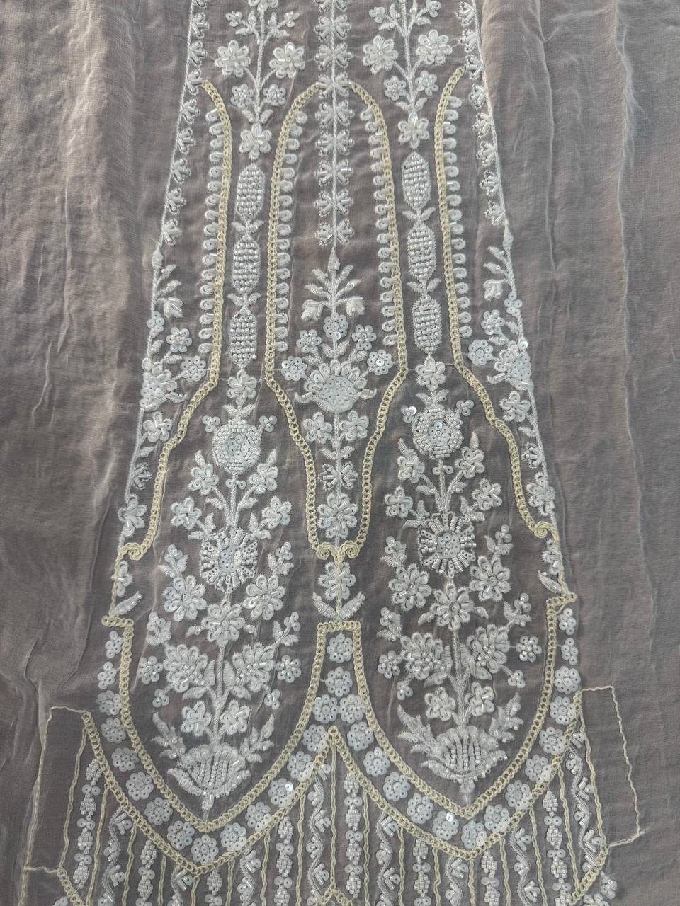 White Floral Dyeable Sequins & Beads Embroidered Kali Heavy Hand Work Viscose Georgette Fabric
