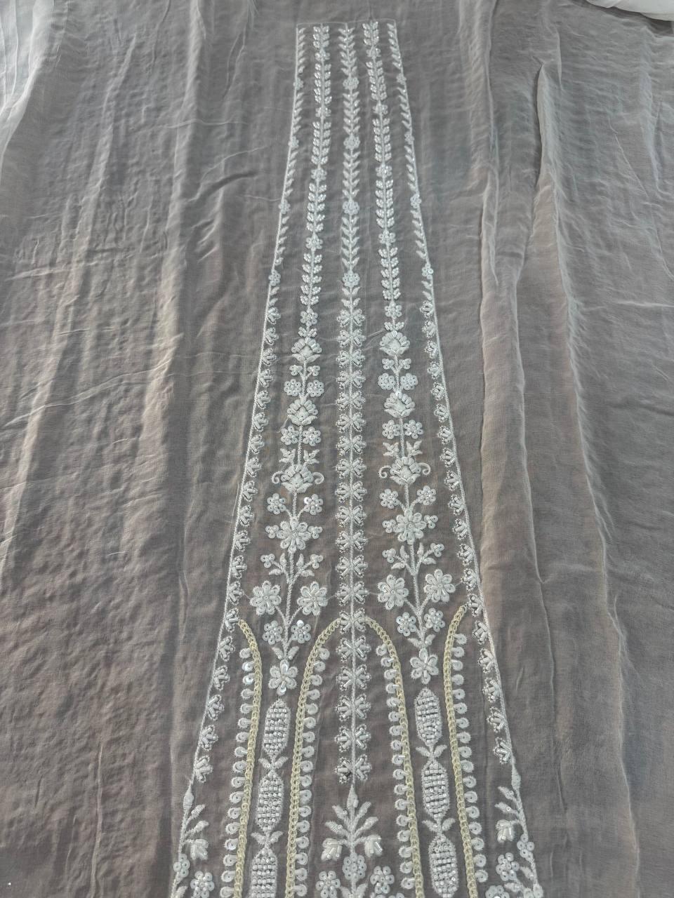 White Floral Dyeable Sequins & Beads Embroidered Kali Heavy Hand Work Viscose Georgette Fabric