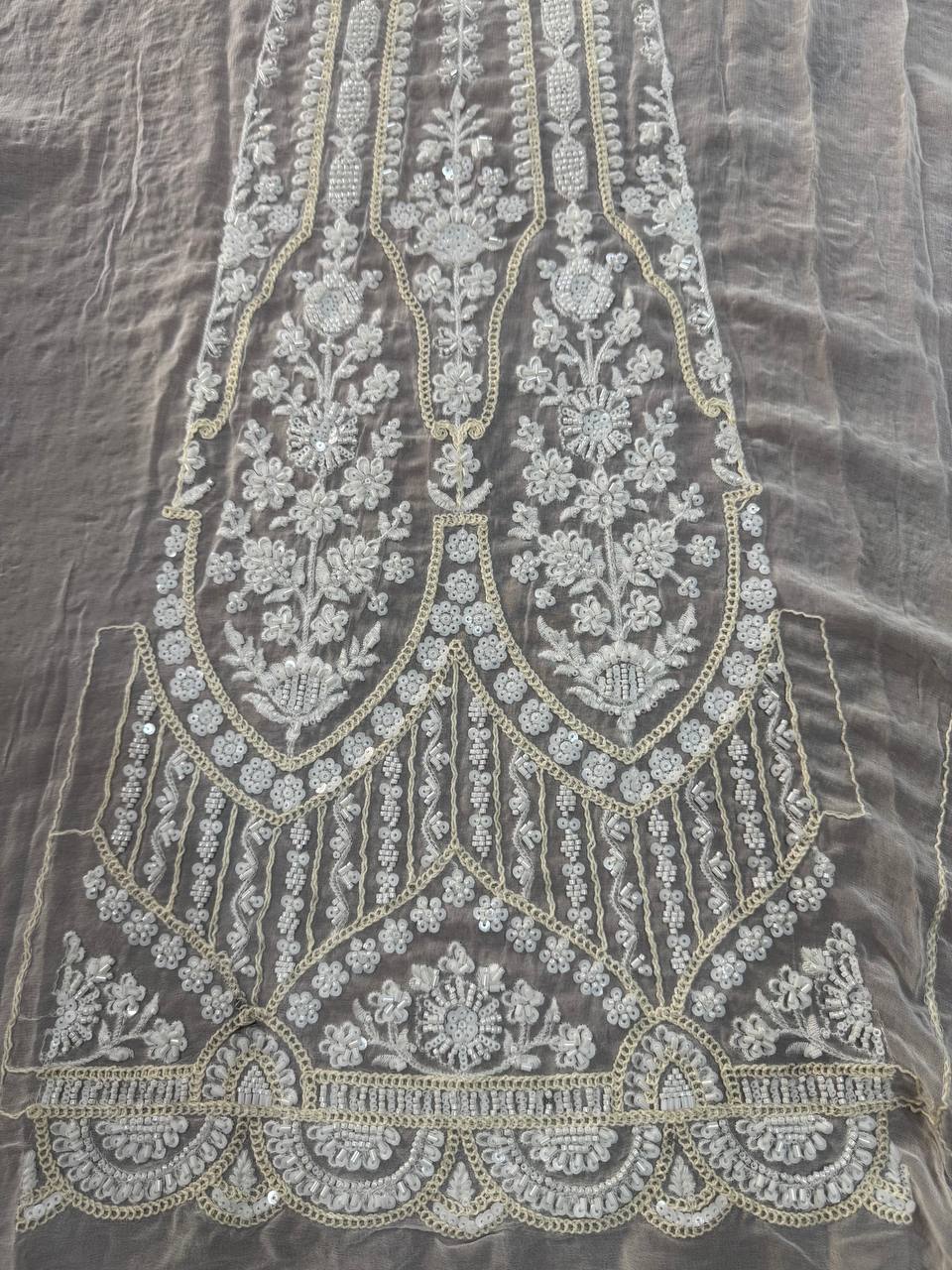 White Floral Dyeable Sequins & Beads Embroidered Kali Heavy Hand Work Viscose Georgette Fabric