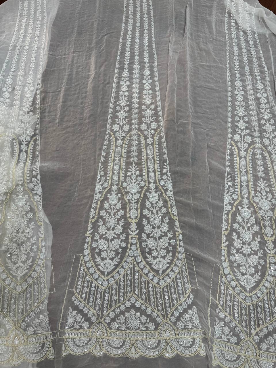 White Floral Dyeable Sequins & Beads Embroidered Kali Heavy Hand Work Viscose Georgette Fabric
