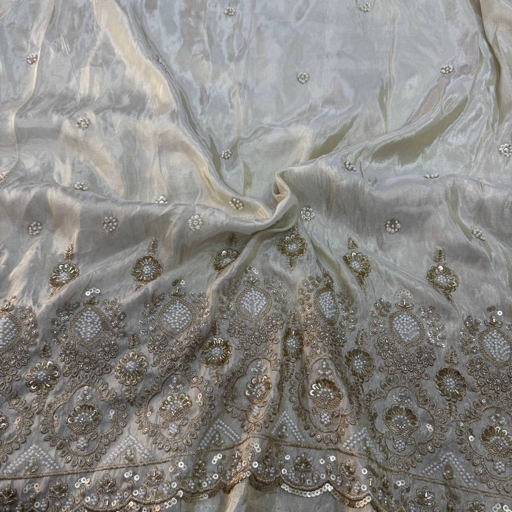 White & Golden Beads Panel Handwork Dyeable Viscose Tissue Silk Fabric