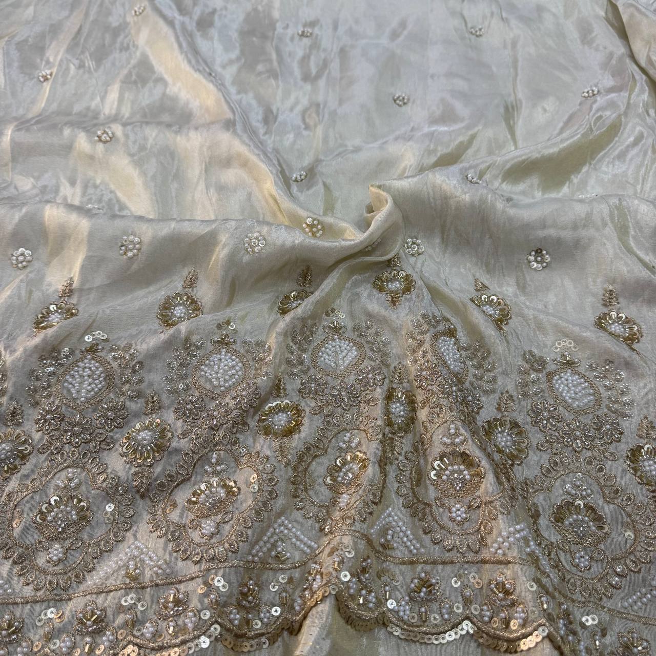 White & Golden Beads Panel Handwork Dyeable Viscose Tissue Silk Fabric