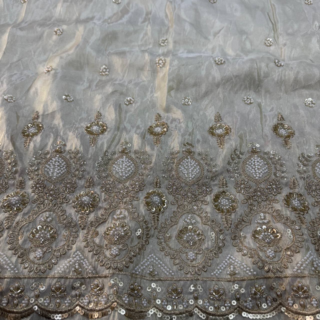 White & Golden Beads Panel Handwork Dyeable Viscose Tissue Silk Fabric