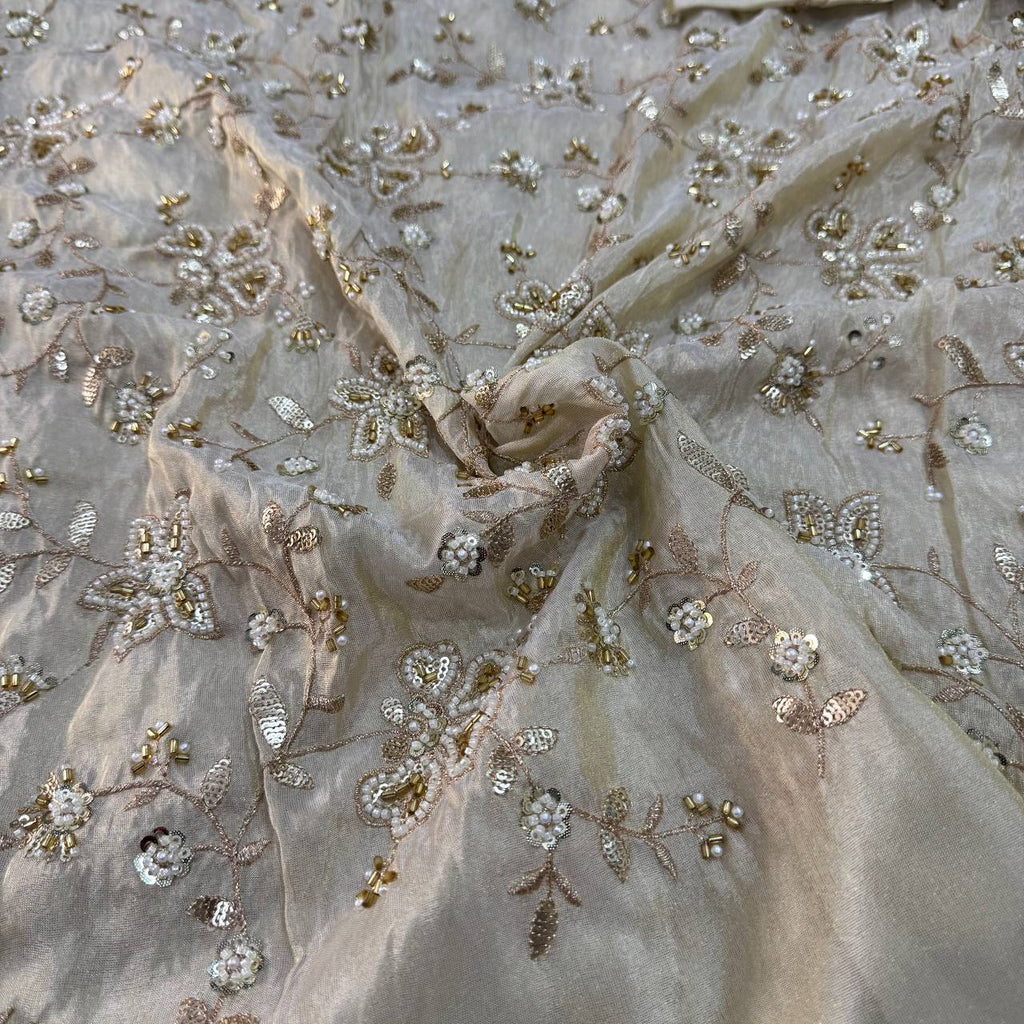 White & Golden Beads Floral Handwork Dyeable Embroidered Viscose Tissue Silk Fabric