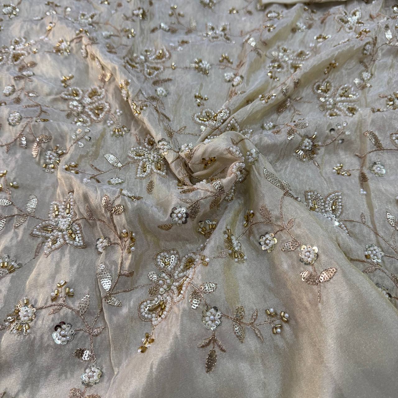 White & Golden Beads Floral Handwork Dyeable Embroidered Viscose Tissue Silk Fabric