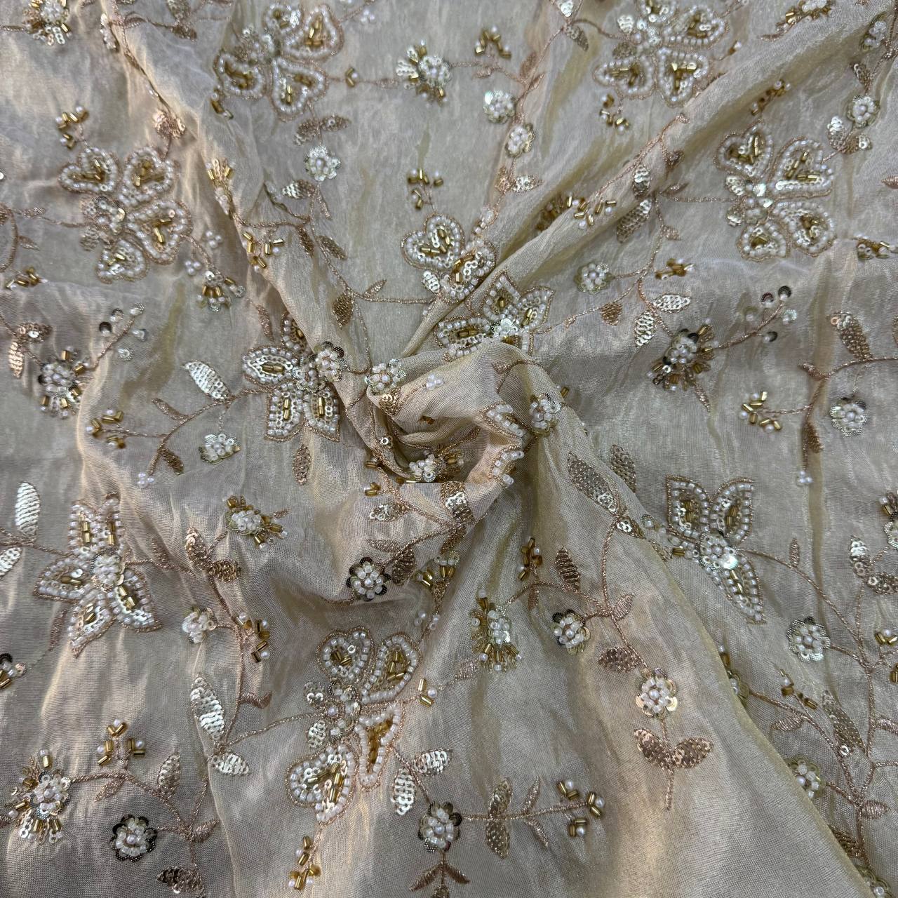 White & Golden Beads Floral Handwork Dyeable Embroidered Viscose Tissue Silk Fabric