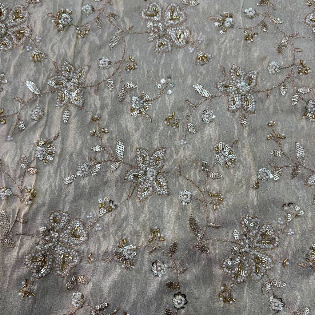 White & Golden Beads Floral Handwork Dyeable Embroidered Viscose Tissue Silk Fabric