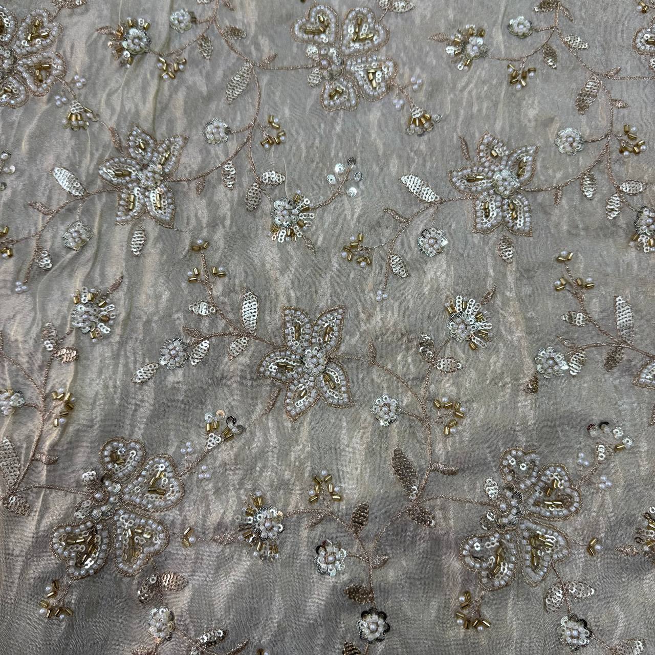 White & Golden Beads Floral Handwork Dyeable Embroidered Viscose Tissue Silk Fabric
