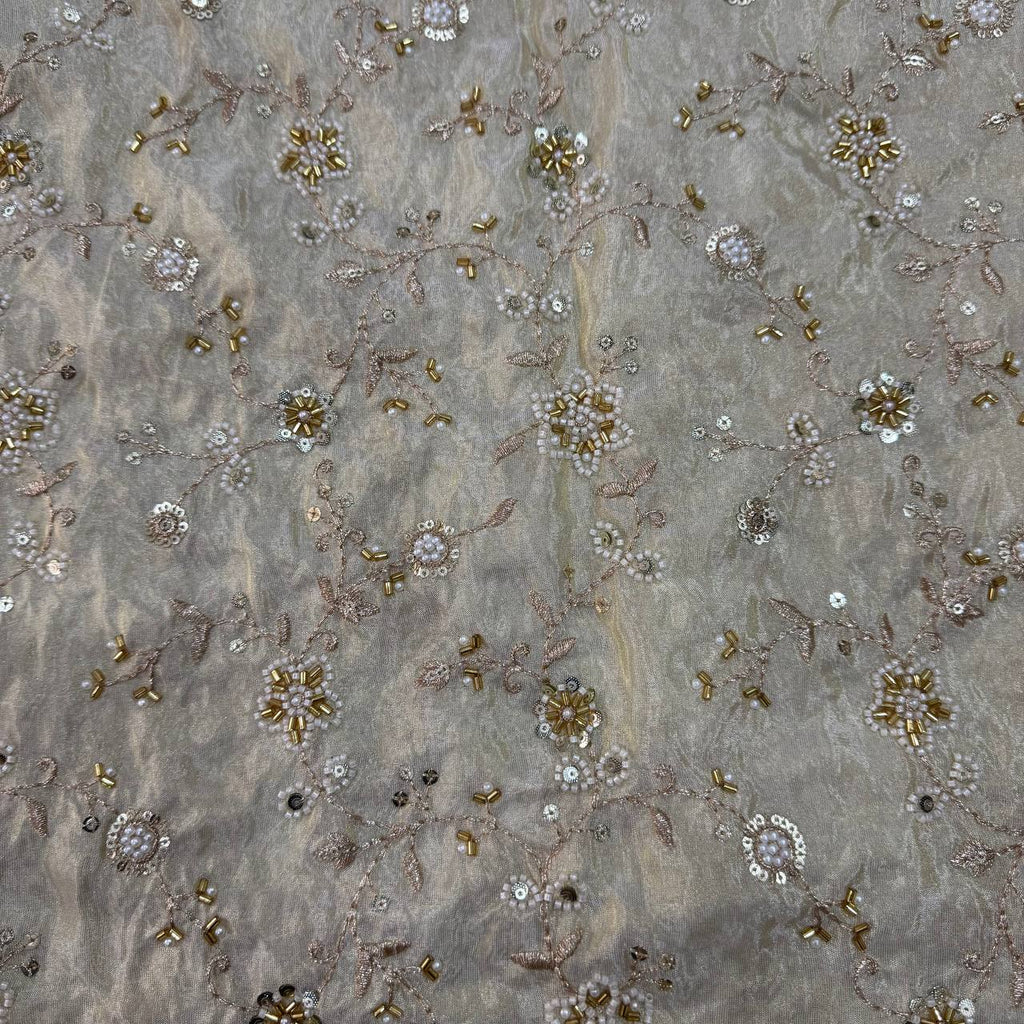White & Golden Beads Floral Handwork Dyeable Embroidered Viscose Tissue Silk Fabric