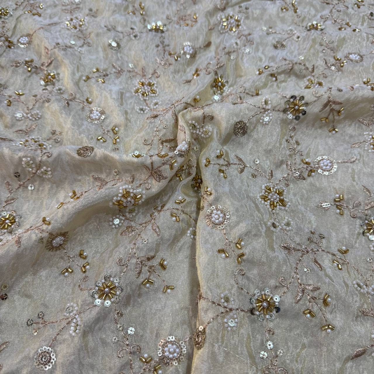 White & Golden Beads Floral Handwork Dyeable Embroidered Viscose Tissue Silk Fabric