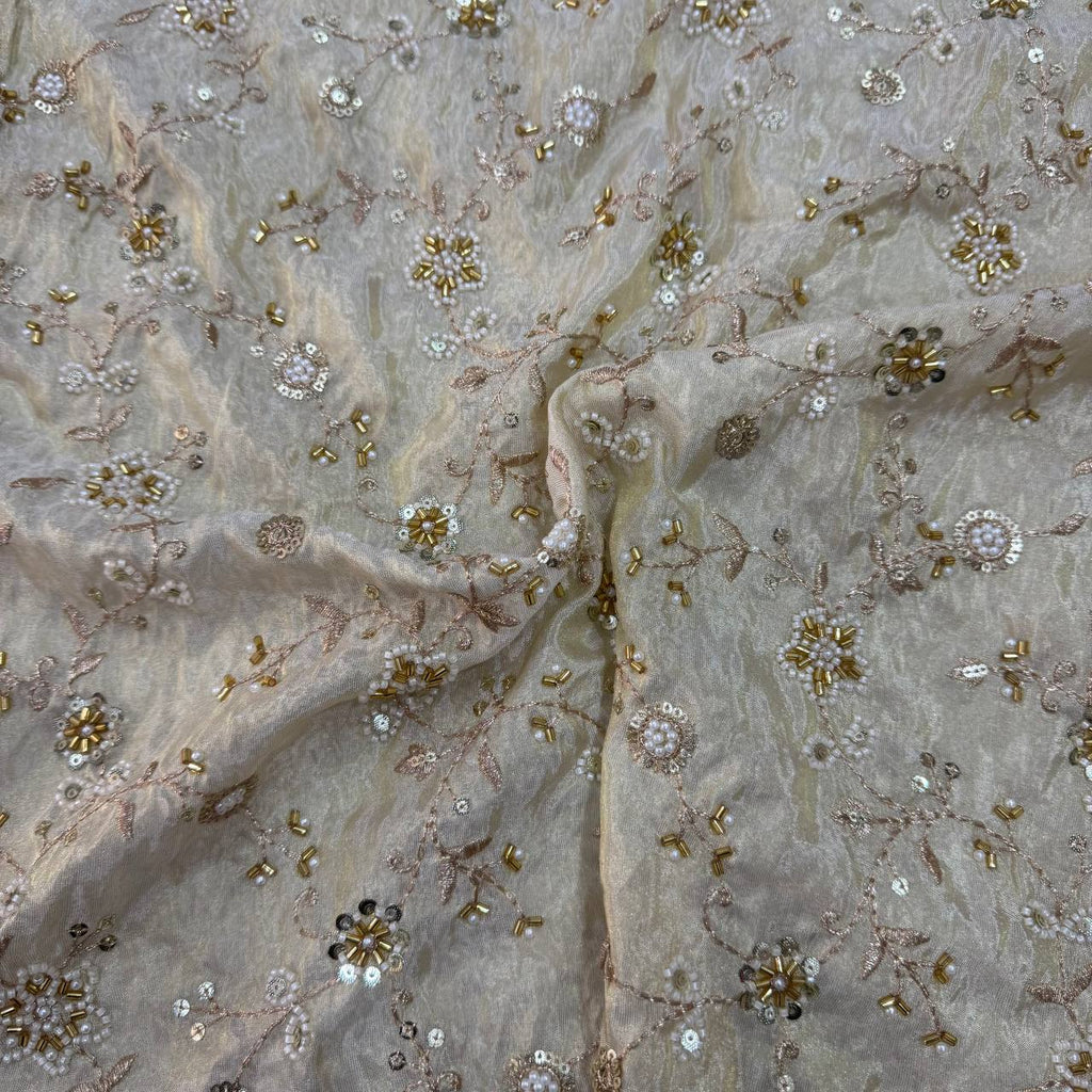 White & Golden Beads Floral Handwork Dyeable Embroidered Viscose Tissue Silk Fabric