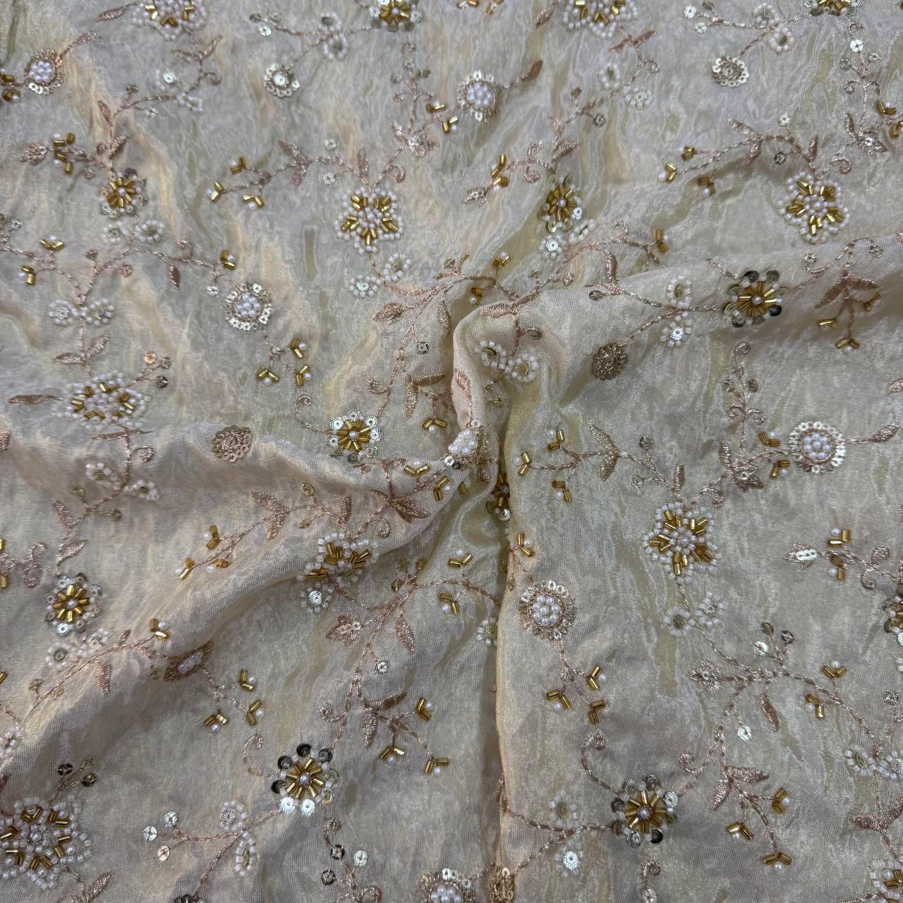 White & Golden Beads Floral Handwork Dyeable Embroidered Viscose Tissue Silk Fabric
