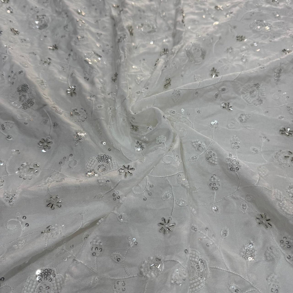 White Dyeable Viscose Dola Silk Silver Beads & Sequins Embroidered Fabric