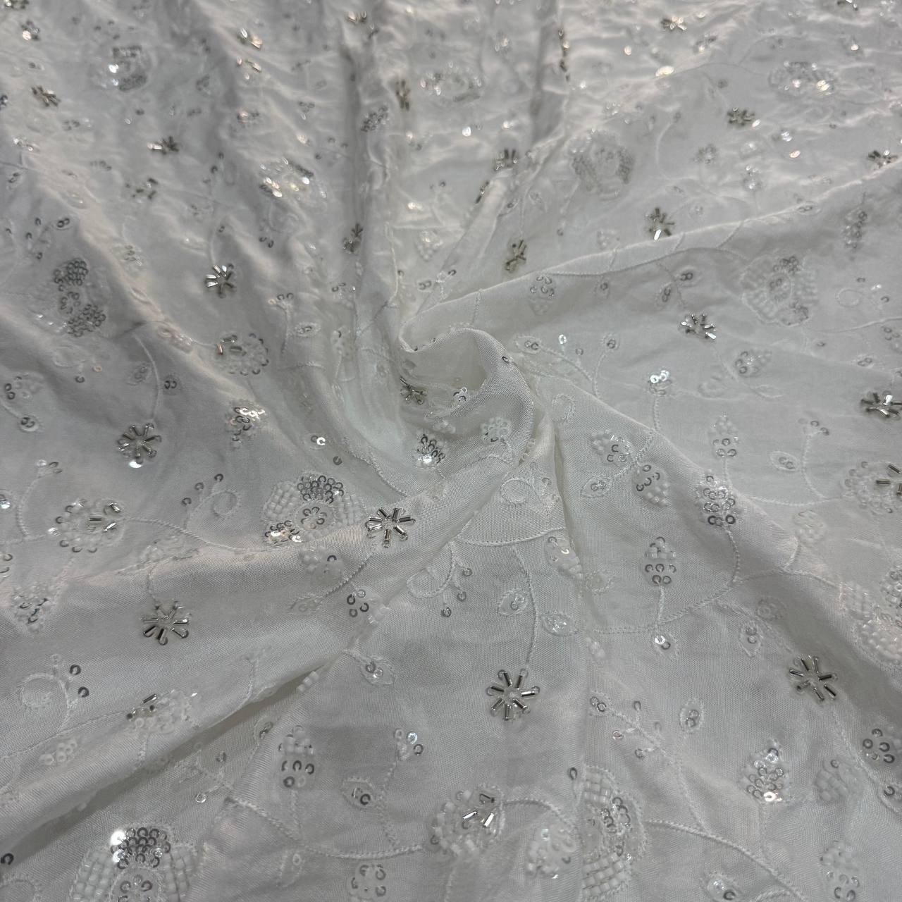 White Dyeable Viscose Dola Silk Silver Beads & Sequins Embroidered Fabric