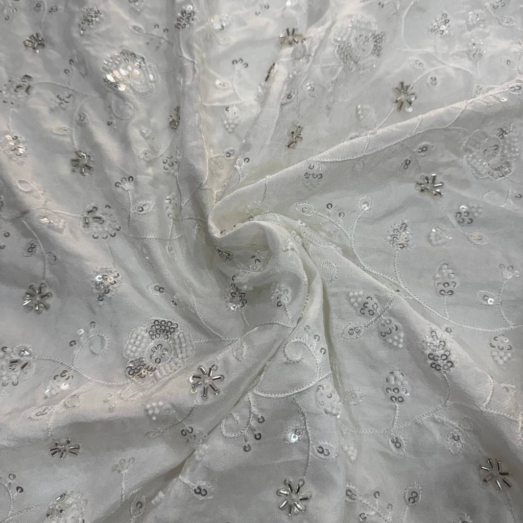 White Dyeable Viscose Dola Silk Silver Beads & Sequins Embroidered Fabric
