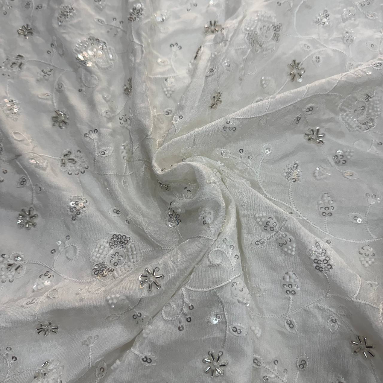White Dyeable Viscose Dola Silk Silver Beads & Sequins Embroidered Fabric