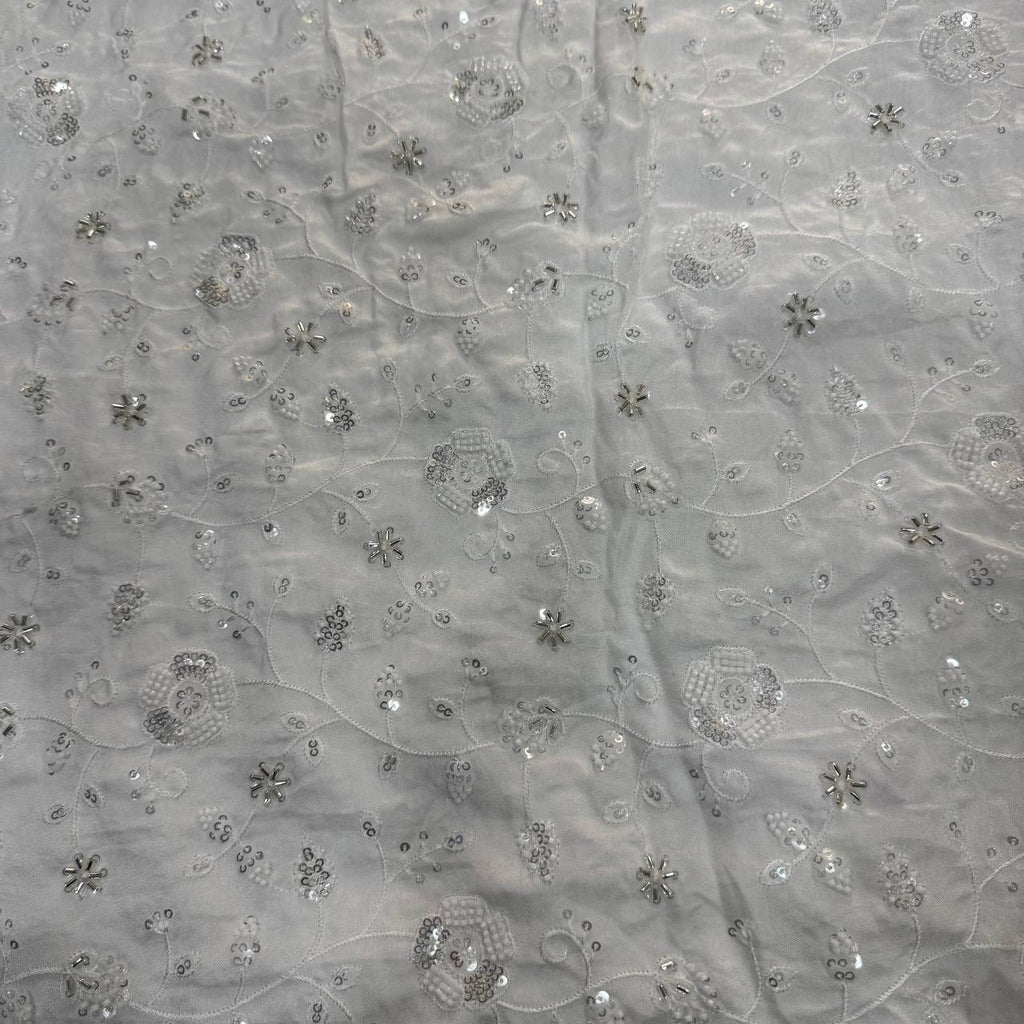 White Dyeable Viscose Dola Silk Silver Beads & Sequins Embroidered Fabric