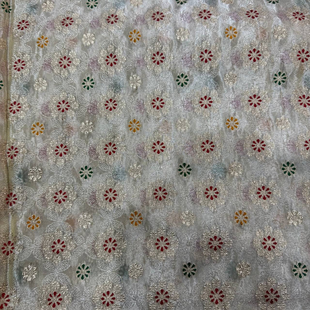 White & Gold Floral Dyeable MultiColor Zari Banarasi Self Work Viscose Tissue Silk Fabric