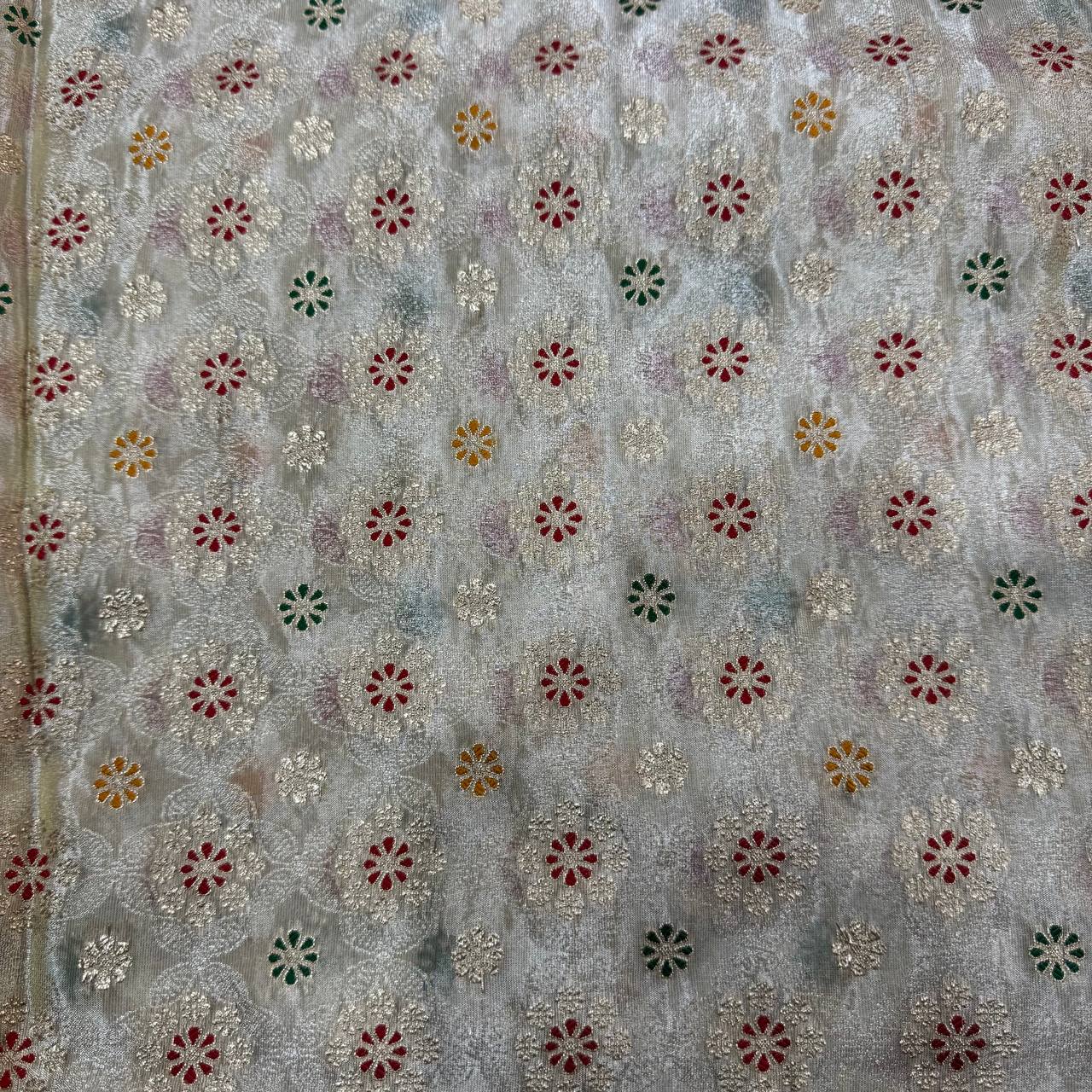 White & Gold Floral Dyeable MultiColor Zari Banarasi Self Work Viscose Tissue Silk Fabric