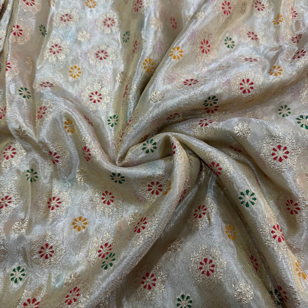 White & Gold Floral Dyeable MultiColor Zari Banarasi Self Work Viscose Tissue Silk Fabric