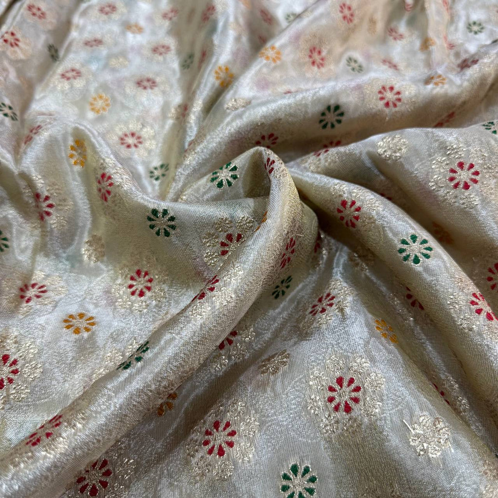 White & Gold Floral Dyeable MultiColor Zari Banarasi Self Work Viscose Tissue Silk Fabric