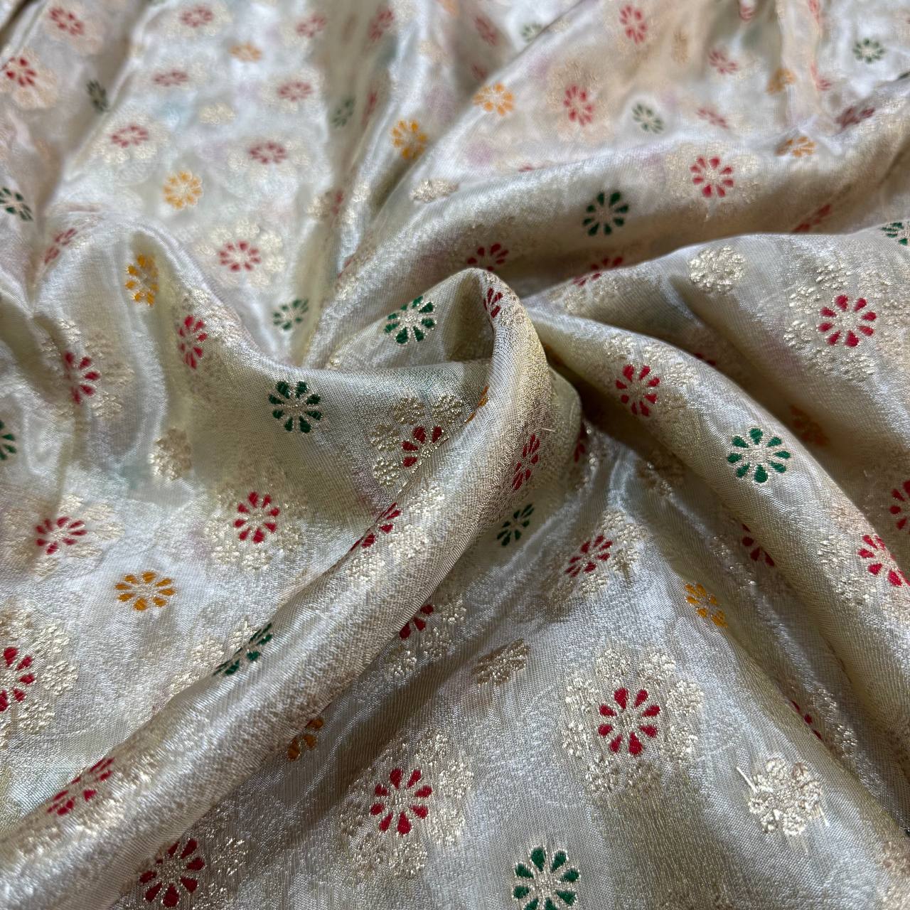 White & Gold Floral Dyeable MultiColor Zari Banarasi Self Work Viscose Tissue Silk Fabric