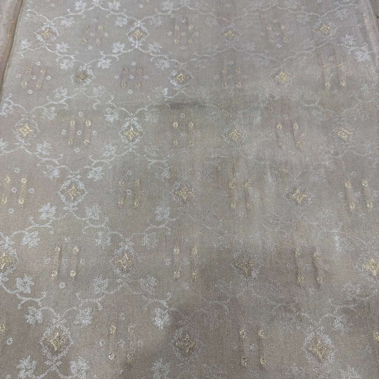 White & Gold Floral Dyeable Zari Banarasi Self Work Viscose Tissue Silk Fabric