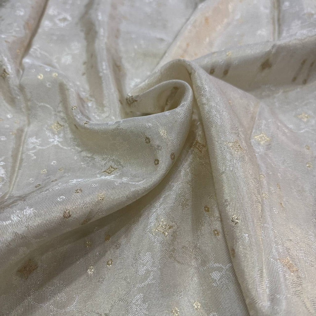 White & Gold Floral Dyeable Zari Banarasi Self Work Viscose Tissue Silk Fabric