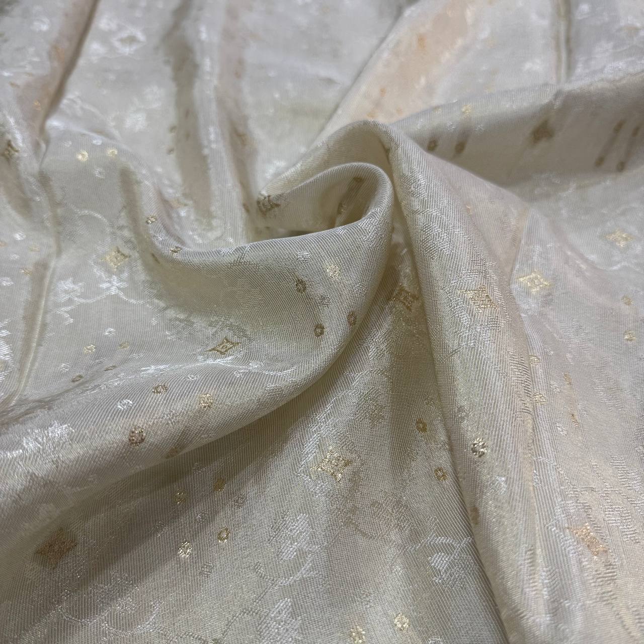 White & Gold Floral Dyeable Zari Banarasi Self Work Viscose Tissue Silk Fabric