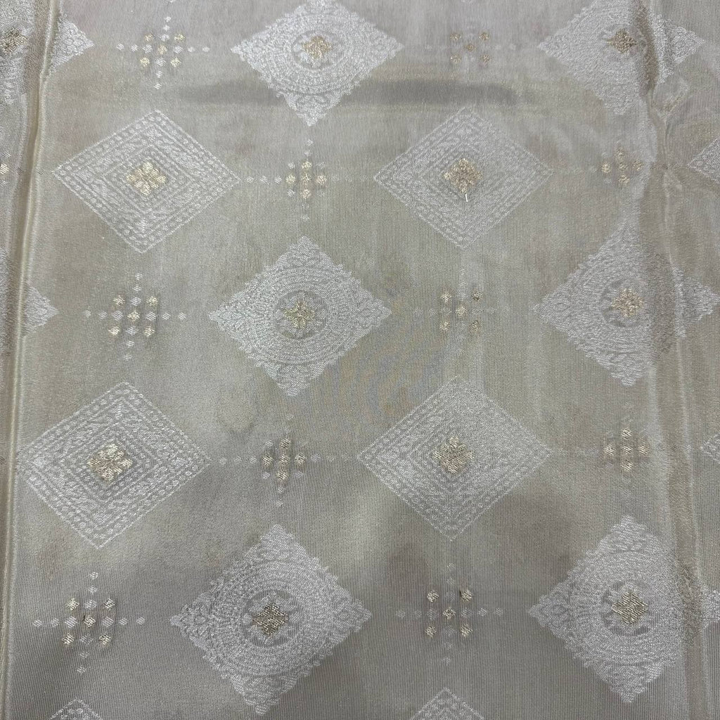 White & Gold Floral Dyeable Zari Banarasi Self Work Viscose Tissue Silk Fabric