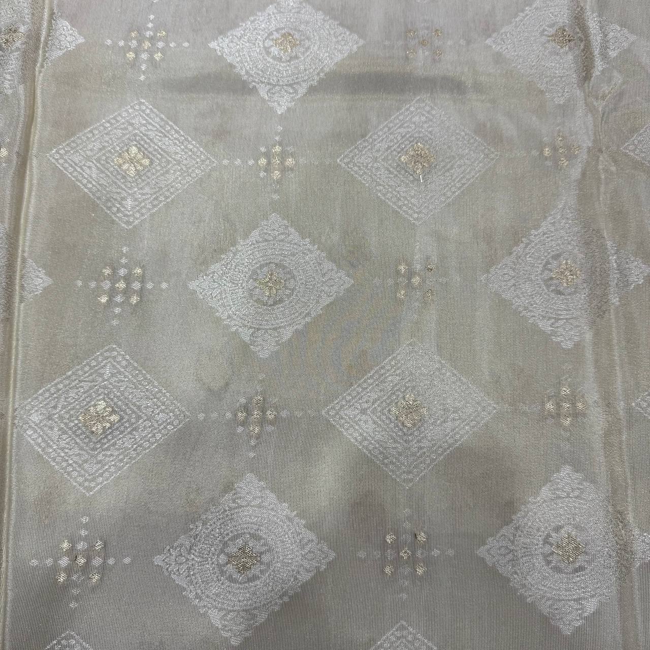 White & Gold Floral Dyeable Zari Banarasi Self Work Viscose Tissue Silk Fabric