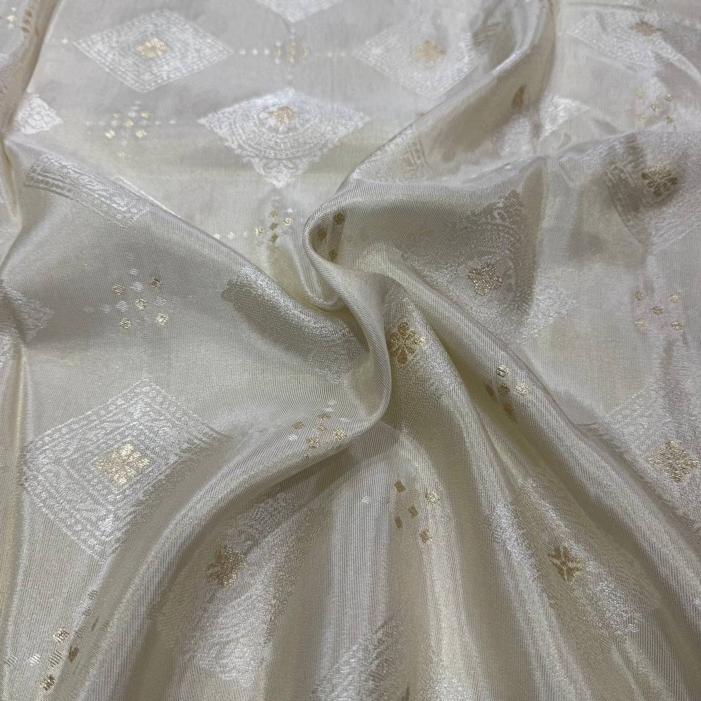 White & Gold Floral Dyeable Zari Banarasi Self Work Viscose Tissue Silk Fabric